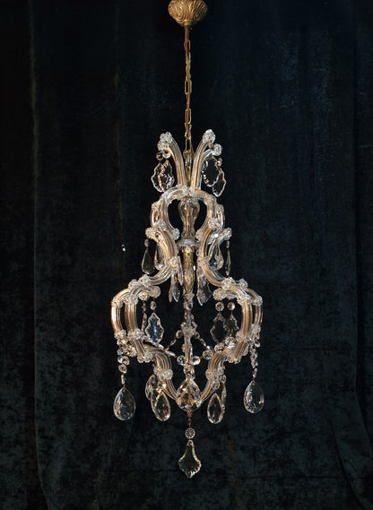 Gorgeous Vintage French Tall 1 Light Brass Glass Marie Therese Cage Chandelier