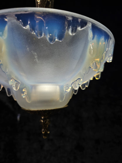 Unique Vintage 3 Light Brass EZAN Vaseline Glass Flush Ceiling Pendant Lantern