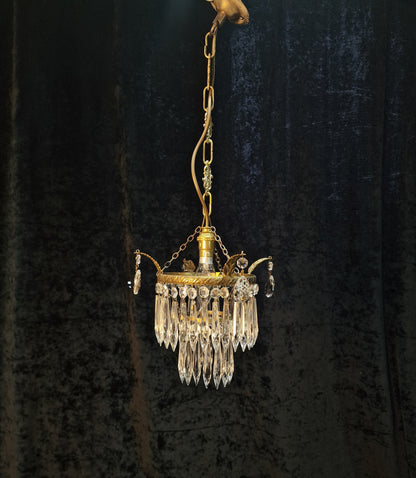 Lovely Antique French Brass Dainty 1 Light Glass Waterfall Leaf Chandelier