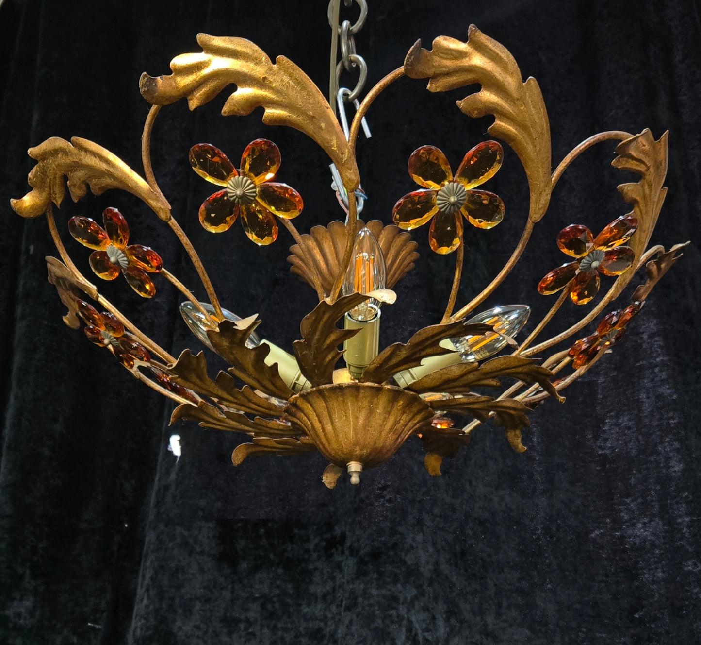 Beautiful Vintage Italian Banci 5 Light Gilded Toleware Flush Ceiling Chandelier