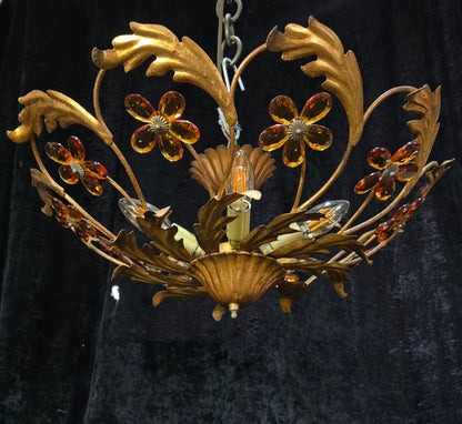 Beautiful Vintage Italian Banci 5 Light Gilded Toleware Flush Ceiling Chandelier