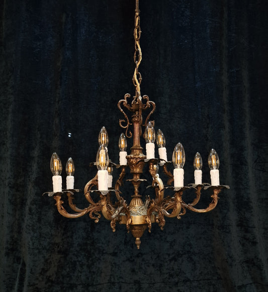 Decorative Heavy Vintage French 8 Arm 12 Light Brass Rococo Style Chandelier