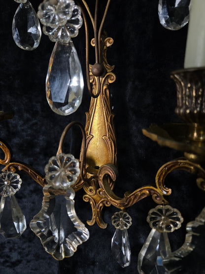 Beautiful Pair Antique French Gilt Bronze Brass 2 Arm Crystal Candle Wall Lights