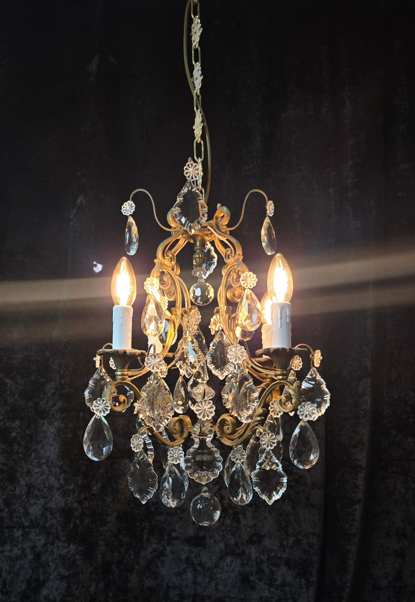 Gorgeous Heavy Antique French 4 Arm Caged Bronze Crystal Chandelier Light