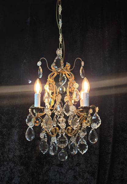 Gorgeous Heavy Antique French 4 Arm Caged Bronze Crystal Chandelier Light