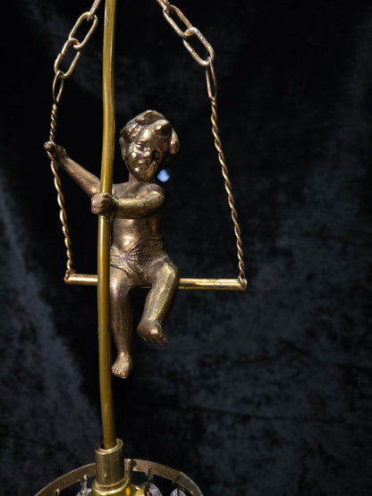 Beautiful Petite Vintage French Brass Cherub Crystal Chandelier Ceiling Light