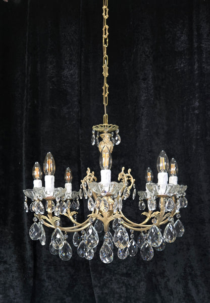 Elegant Vintage Italian 8 Arm Brass Crystal Leaf Chandelier Ceiling Light