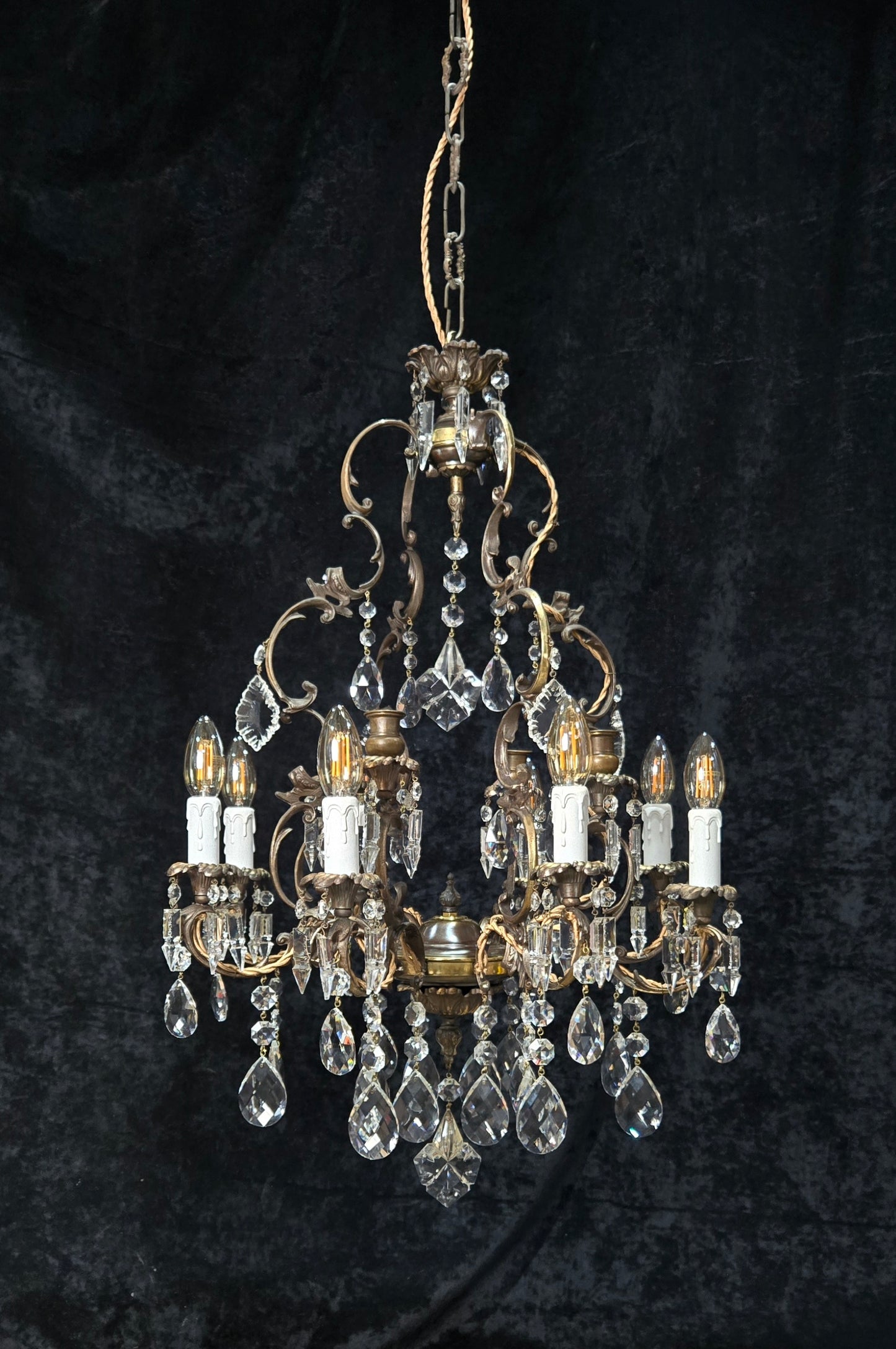 Fabulous Antique Italian 8 Arm 4 Candle Cage Brass Crystal Chandelier Light