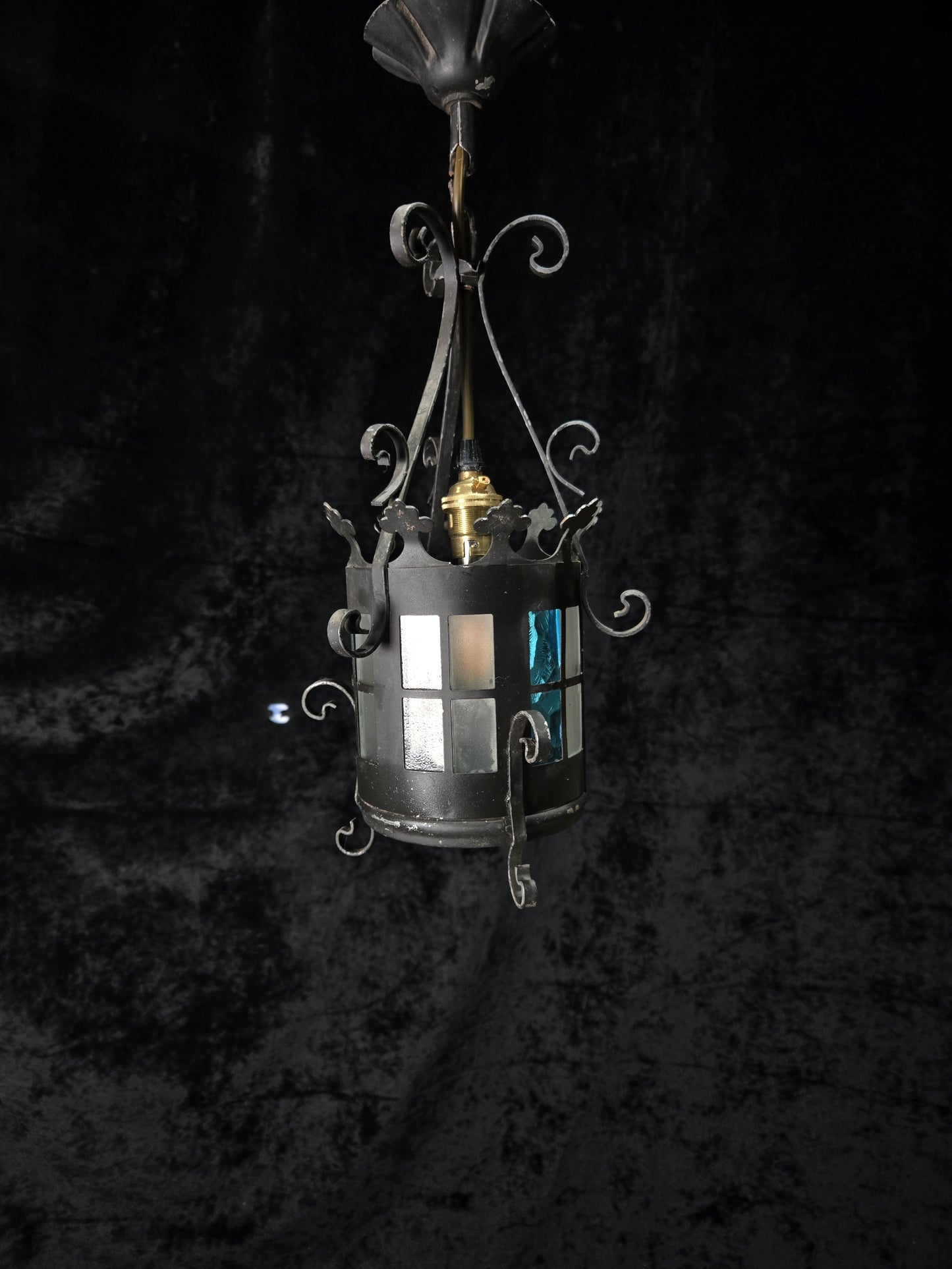 Lovely Petite Vintage French Wrought Iron Gothic Coloured Glass Lantern Light
