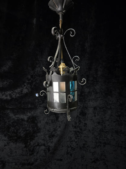 Lovely Petite Vintage French Wrought Iron Gothic Coloured Glass Lantern Light