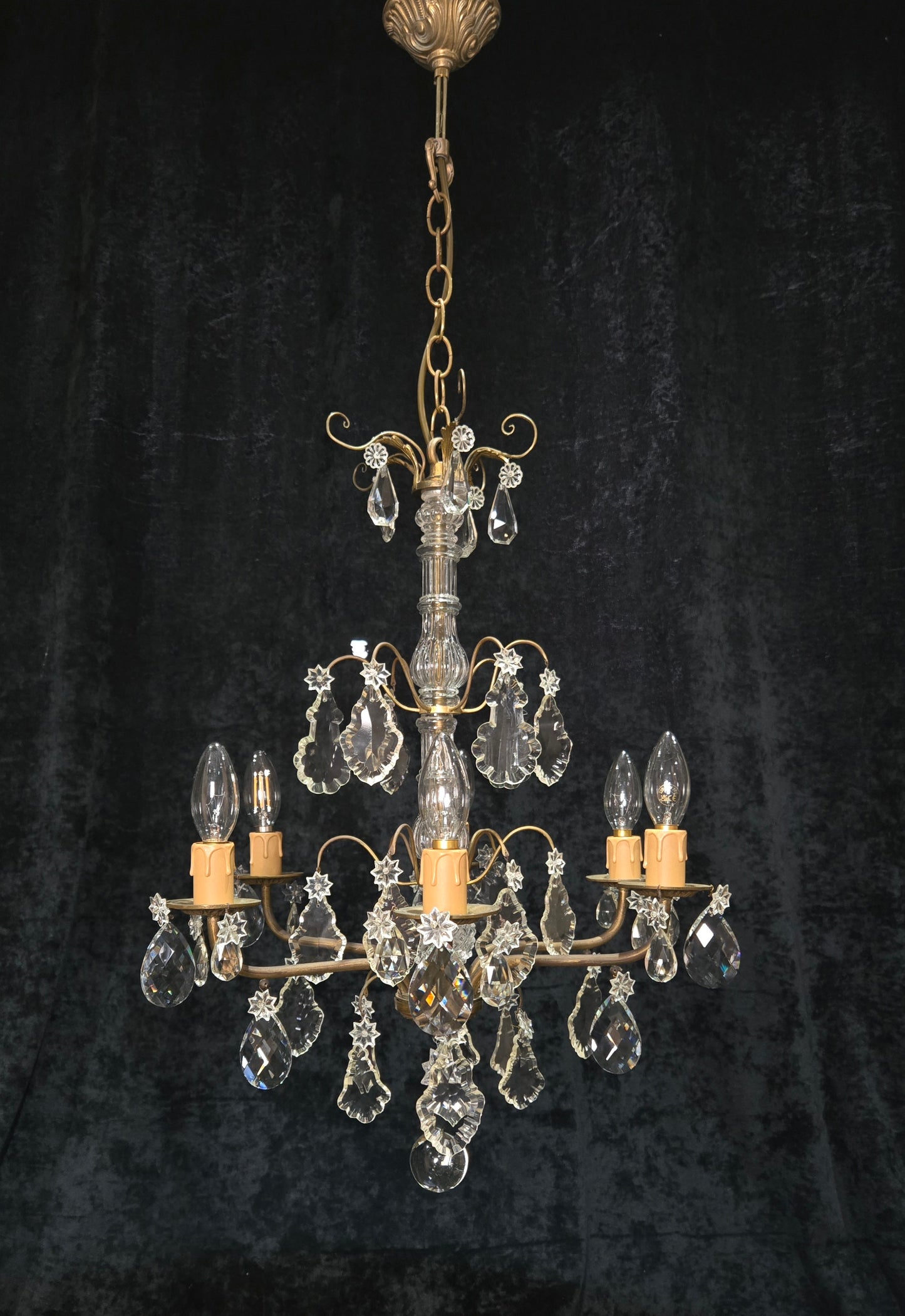 Beautiful Antique French 6 Arm Brass 3 Tier Crystal Chandelier Ceiling Light