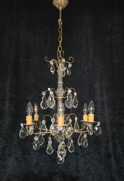 Beautiful Antique French 6 Arm Brass 3 Tier Crystal Chandelier Ceiling Light