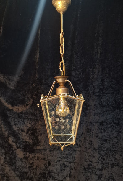 Classical Vintage French 1 Light Brass Bevelled Cut Glass Lantern Ceiling Light