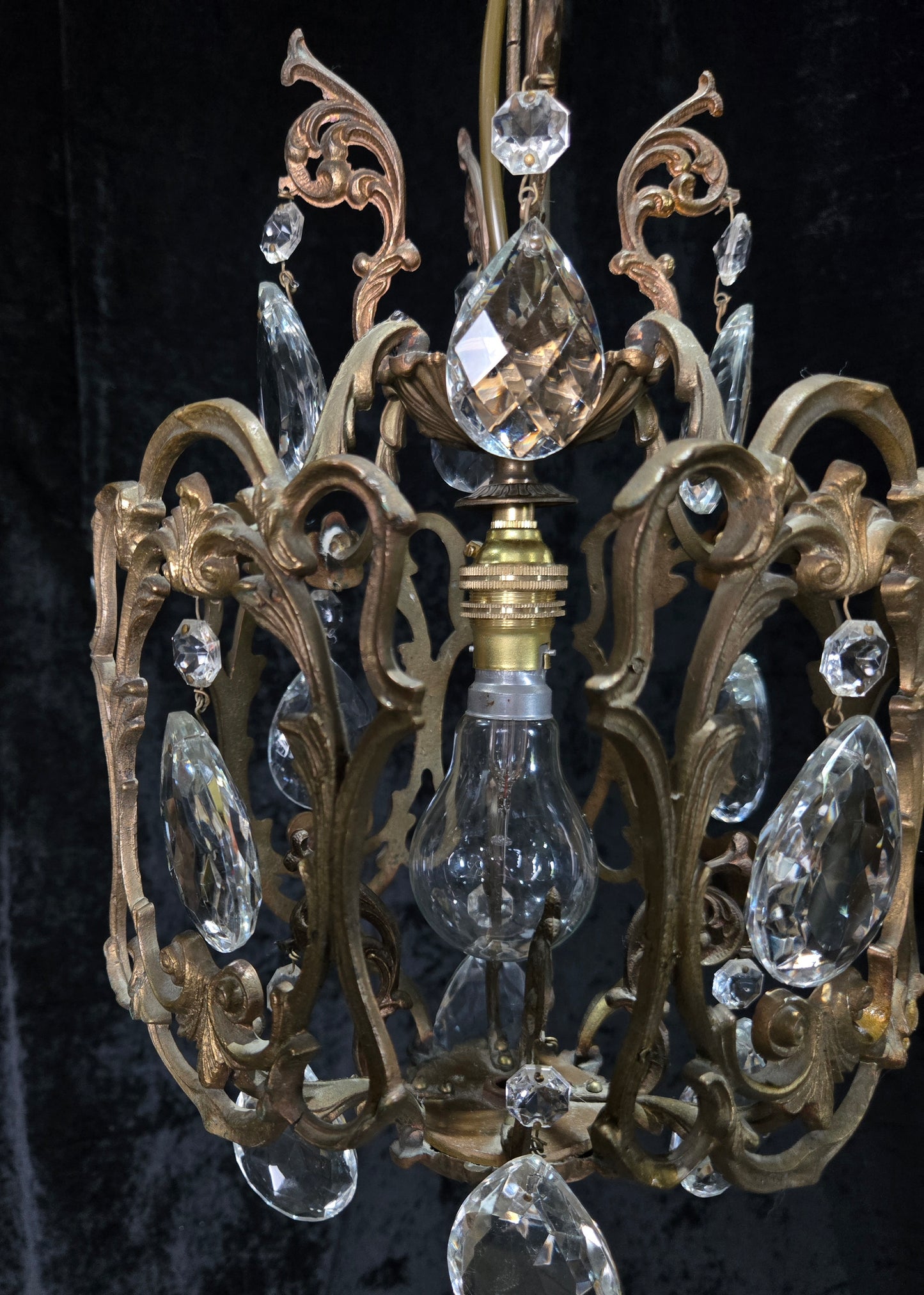 Beautiful Antique French 1 Light Brass Crystal Cage Chandelier Ceiling Light