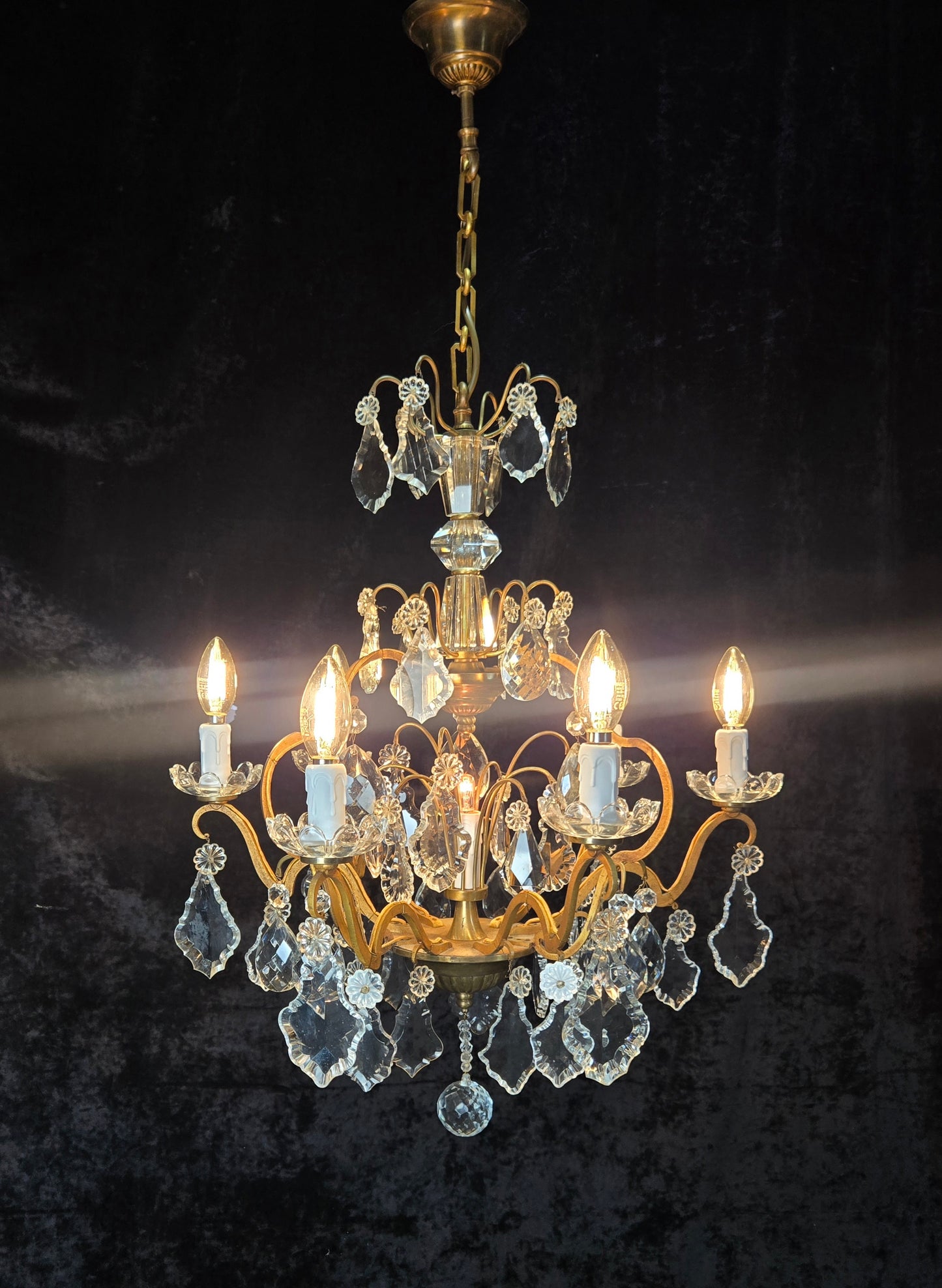 Gorgeous Antique French 6 Arm 7 Light Brass Bronze Cage Crystal Chandelier Light