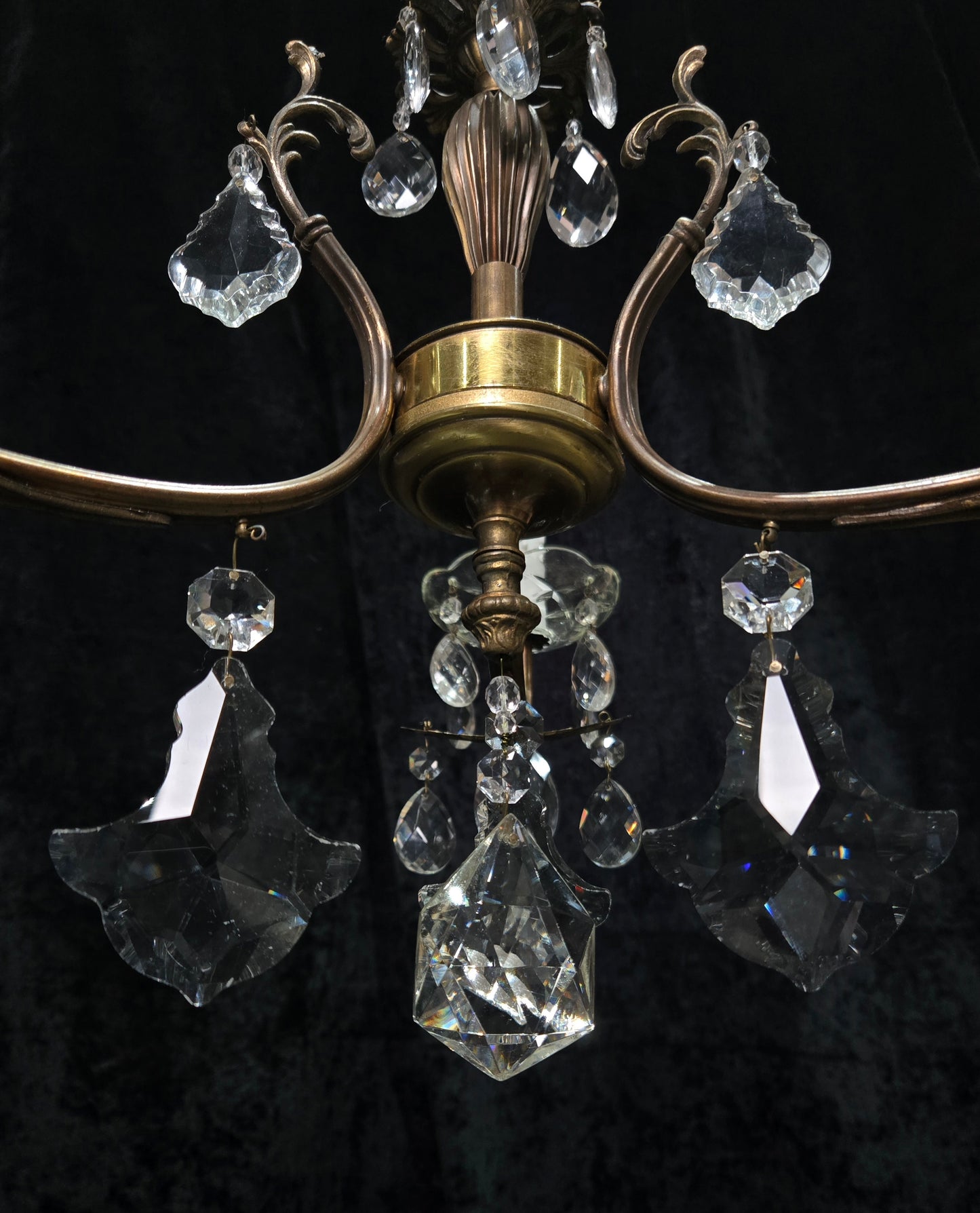 Lovely Vintage Italian 3 Arm Brass Foliage Crystal Chandelier Ceiling Light