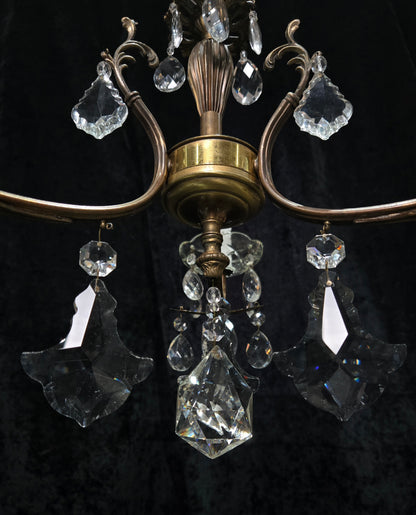 Lovely Vintage Italian 3 Arm Brass Foliage Crystal Chandelier Ceiling Light