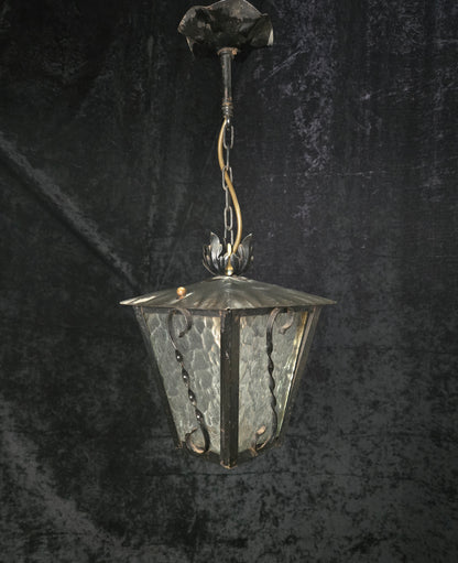 Lovely Vintage French Wrought Iron Gothic Patterned Glass Lantern Light