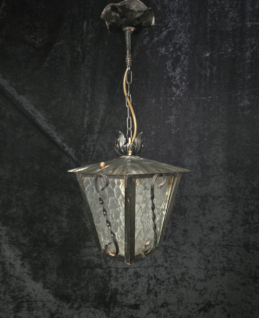 Lovely Vintage French Wrought Iron Gothic Patterned Glass Lantern Light