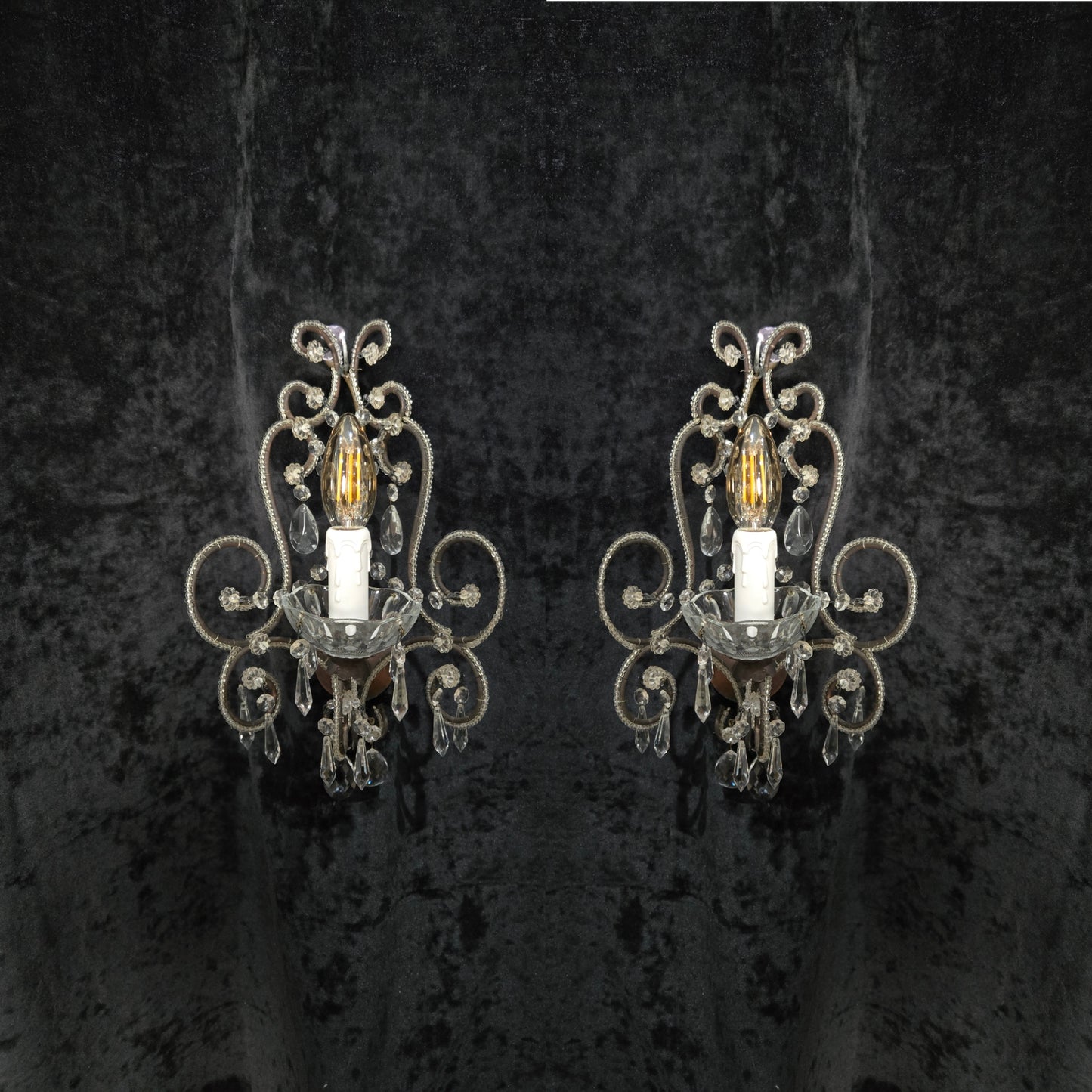 Elegant Pair Vintage Italian Venetian Style Crystal Glass and Iron Wall Lights
