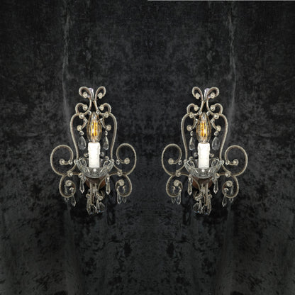 Elegant Pair Vintage Italian Venetian Style Crystal Glass and Iron Wall Lights