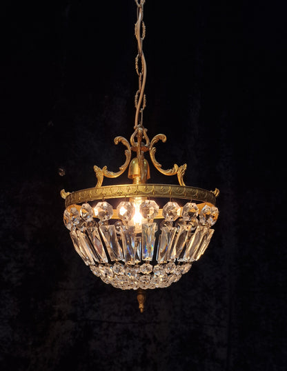 Lovely Vintage French 1 Light Brass Crystal Half Bag Montgolfiere Chandelier