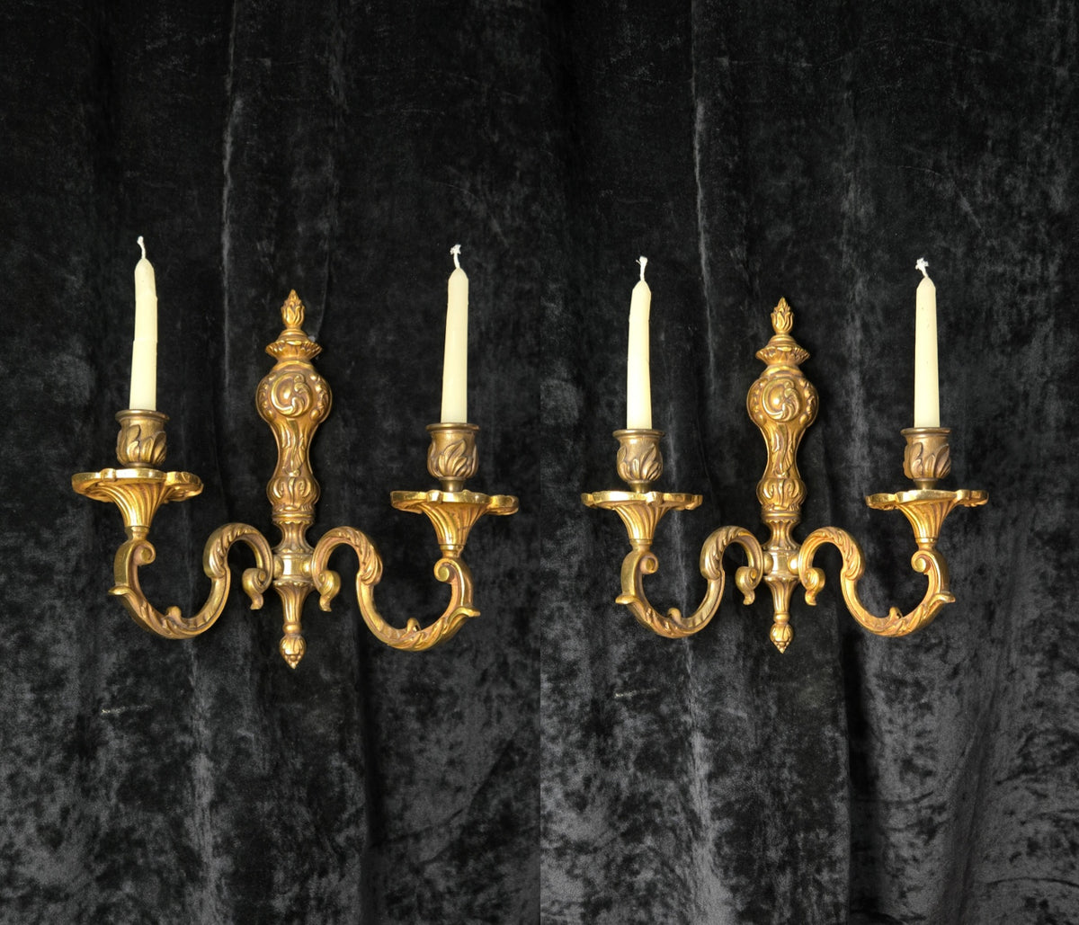 Fine Pair of Heavy Antique French Bronze Rococo Style Candle Wall Lights Sconces