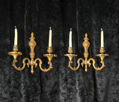 Fine Pair of Heavy Antique French Bronze Rococo Style Candle Wall Lights Sconces