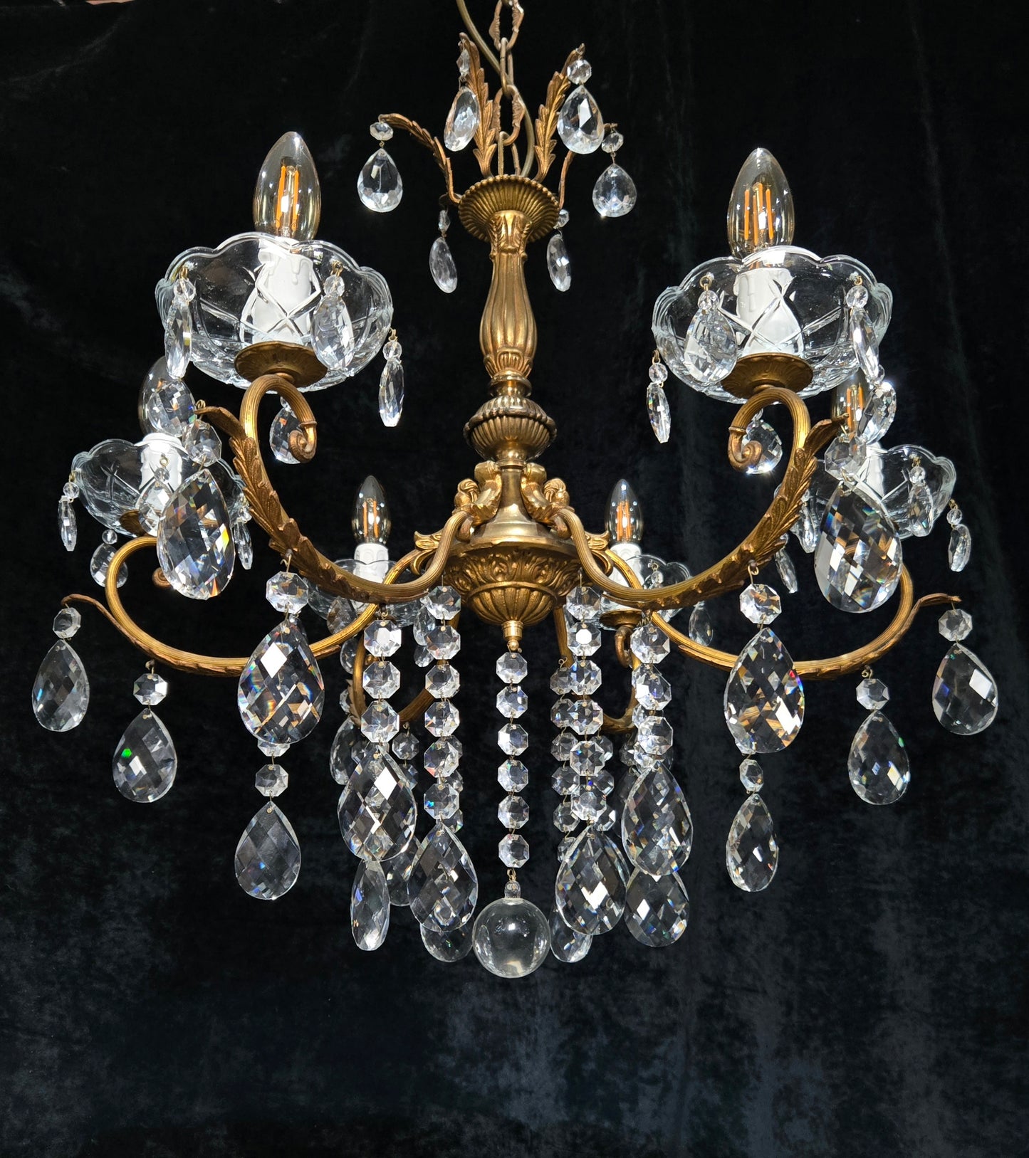 Gorgeous Heavy Vintage Italian 6 Arm Brass Leaf Crystal Chandelier Ceiling Light