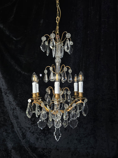 Traditional Tall Antique French 6 Arm Brass Crystal 3 Tier Chandelier Light
