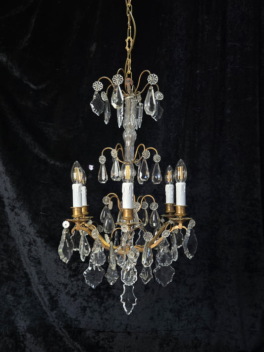 Traditional Tall Antique French 6 Arm Brass Crystal 3 Tier Chandelier Light