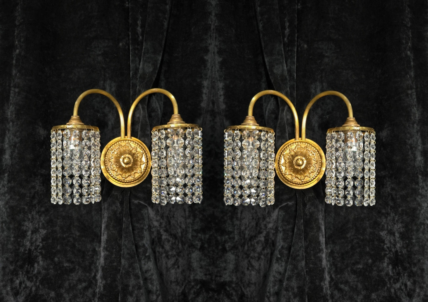 Beautiful Pair of Vintage French 2 Arm Brass Wall Lights with Crystal Shades
