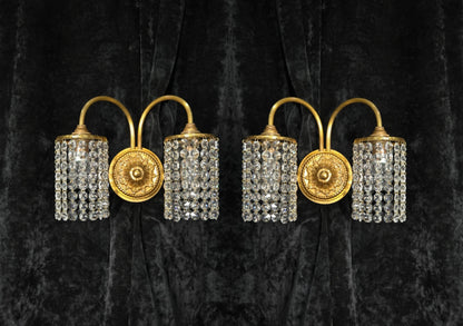 Beautiful Pair of Vintage French 2 Arm Brass Wall Lights with Crystal Shades
