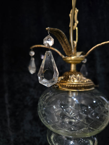 Lovely Vintage Clear Cut Glass Brass Crystal Leaf Hall Lantern Pendant Light