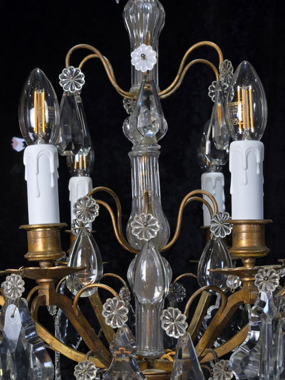 Traditional Tall Antique French 6 Arm Brass Crystal 3 Tier Chandelier Light