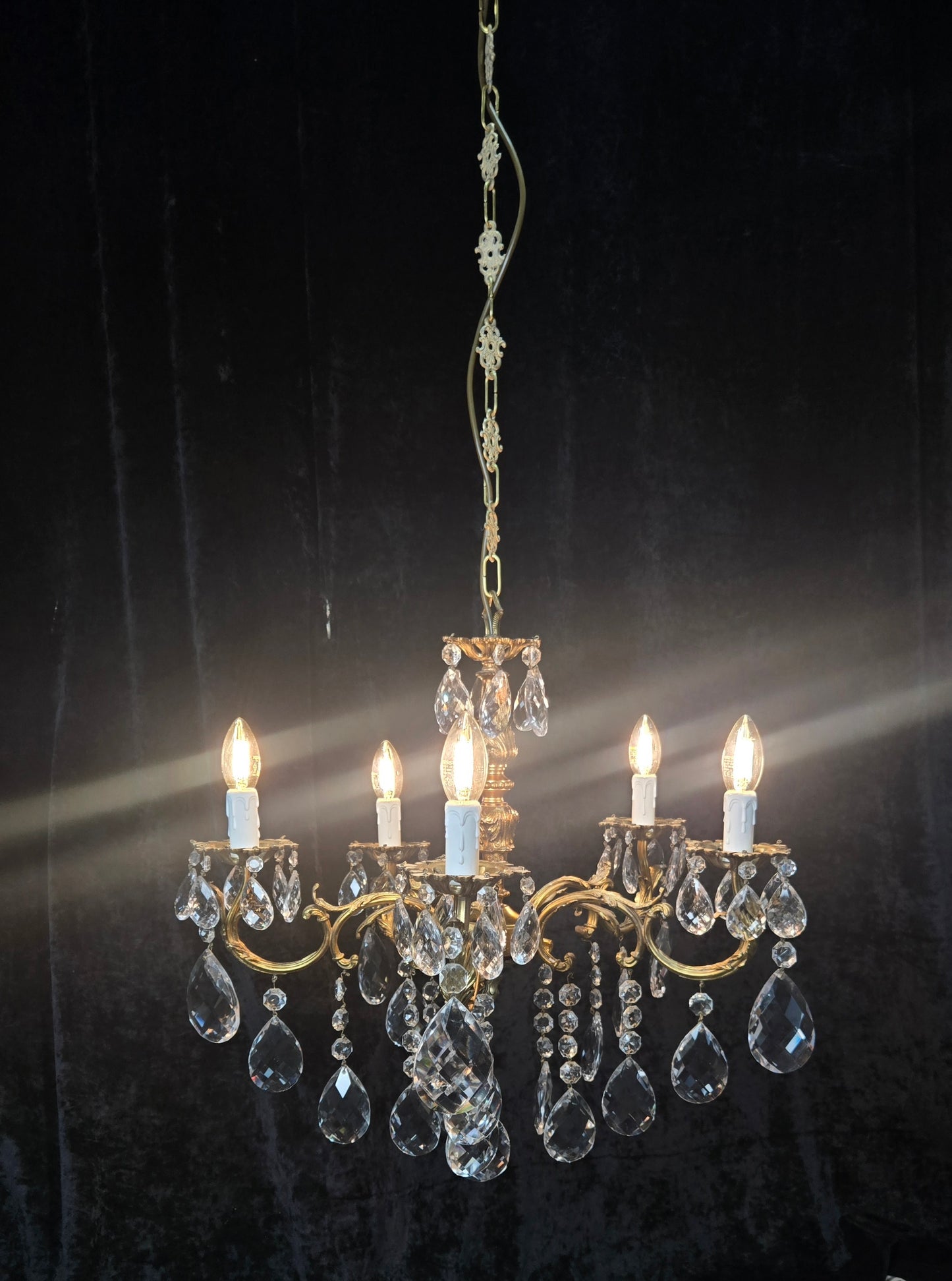Fabulous Vintage French 5 Arm Brass Heavy Crystal Leaf Chandelier Ceiling Light