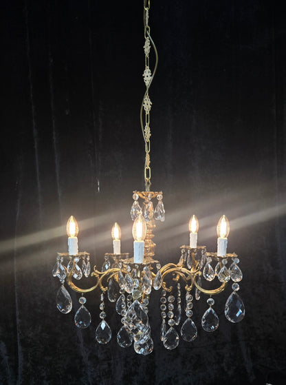 Fabulous Vintage French 5 Arm Brass Heavy Crystal Leaf Chandelier Ceiling Light