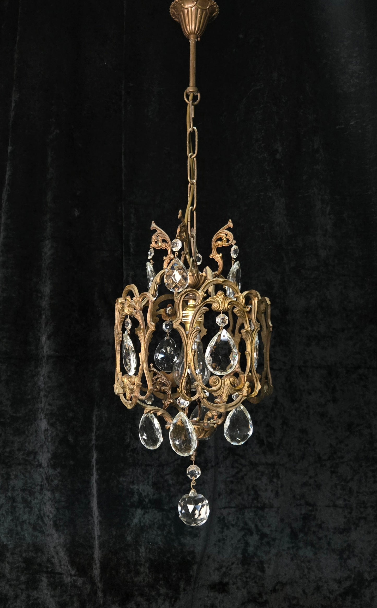 Beautiful Antique French 1 Light Brass Crystal Cage Chandelier Ceiling Light