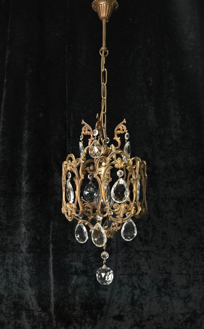 Beautiful Antique French 1 Light Brass Crystal Cage Chandelier Ceiling Light