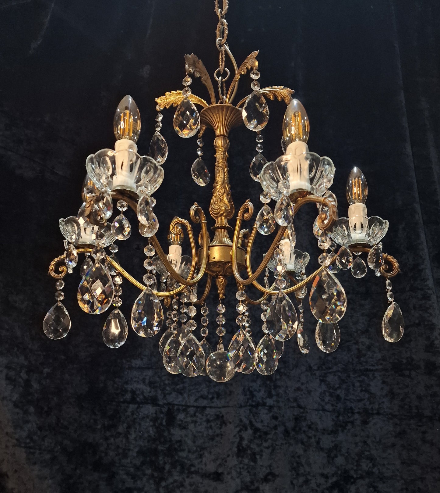 Fabulous Antique French 6 Arm Heavy Brass Crystal Leaf Chandelier Ceiling Light