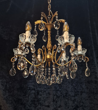 Fabulous Antique French 6 Arm Heavy Brass Crystal Leaf Chandelier Ceiling Light