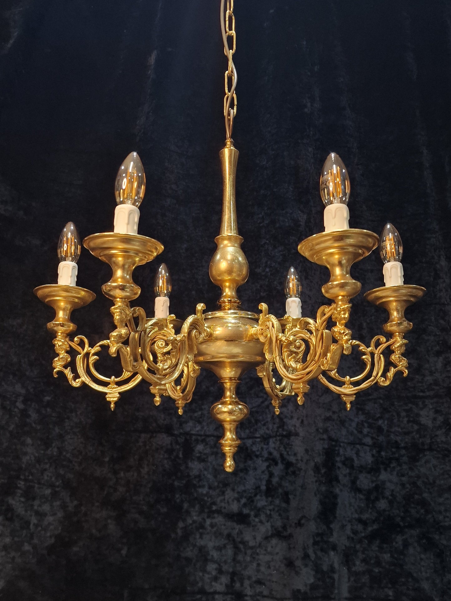 Traditional Vintage Italian Polished Brass 6 Arm Chandelier Ceiling Light