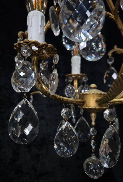 Beautiful Vintage Italian 3 Arm Brass Crystal Cage Chandelier Ceiling Light