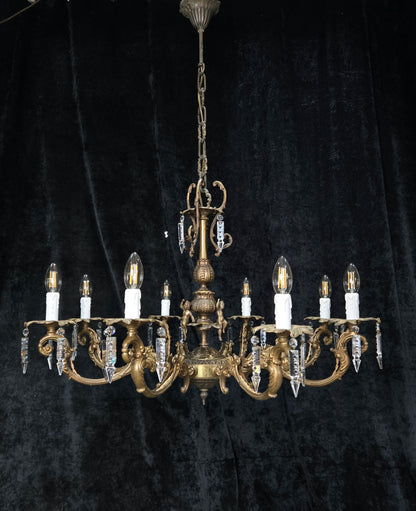 Fabulous Vintage Italian 8 Arm Large Brass Crystal Cherub Chandelier Light