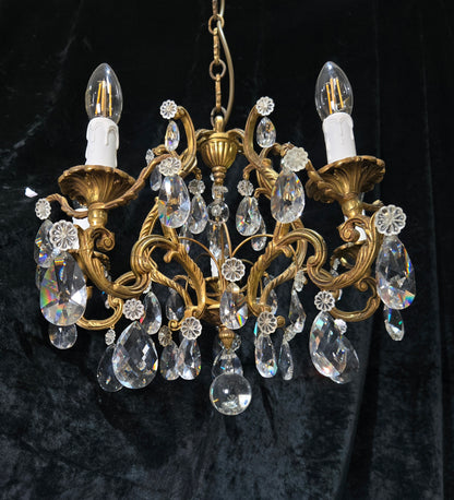 Traditional Antique French 5 Arm Heavy Bronze Cage Crystal Chandelier Light
