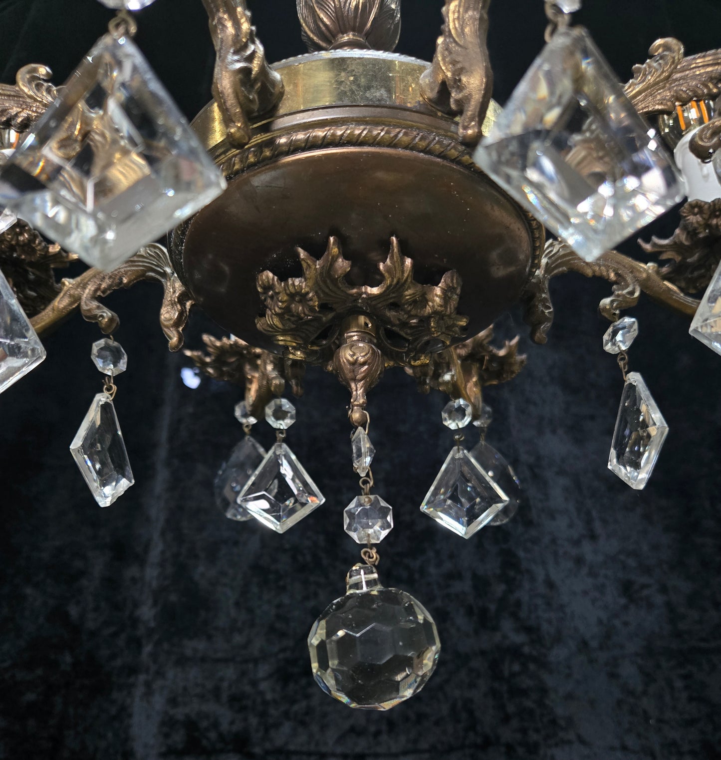 Fabulous Vintage Italian 8 Arm Brass Flower Crystal Chandelier Ceiling Light