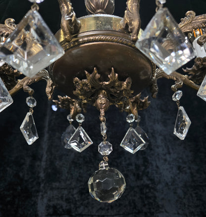 Fabulous Vintage Italian 8 Arm Brass Flower Crystal Chandelier Ceiling Light