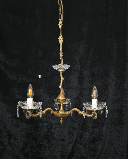 Lovely Vintage French 3 Arm Brass Foliage Crystal Chandelier Ceiling Light