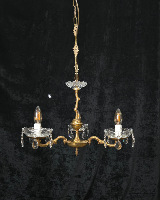 Lovely Vintage French 3 Arm Brass Foliage Crystal Chandelier Ceiling Light