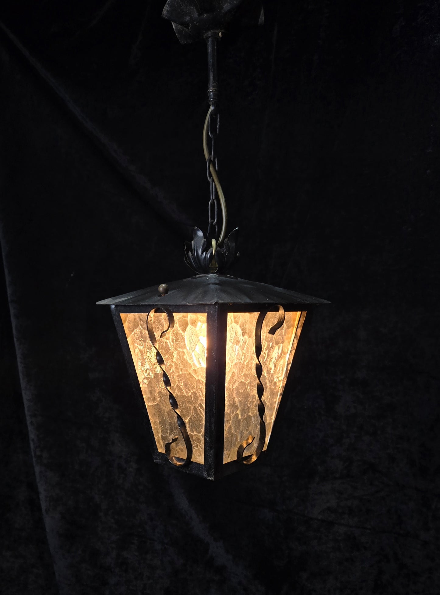 Lovely Vintage French Wrought Iron Gothic Patterned Glass Lantern Light